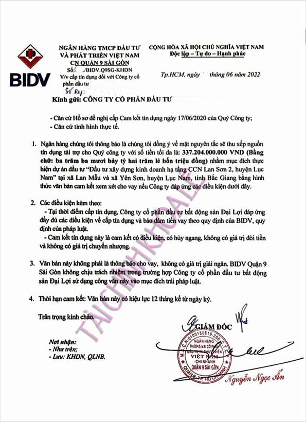 Giấy cam kết cấp tín dụng ngân hàng BIDV
