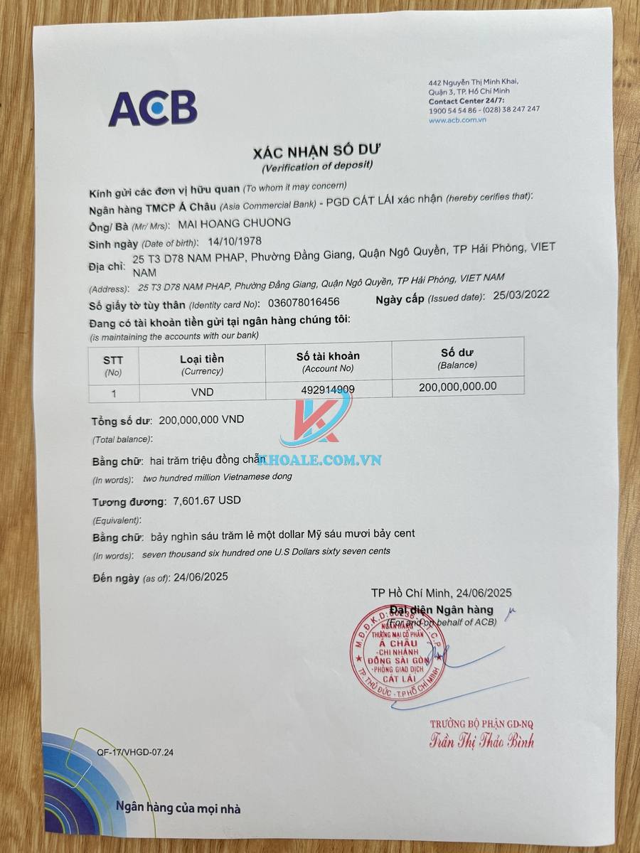 Xác nhận số dư tài khoản ngân hàng