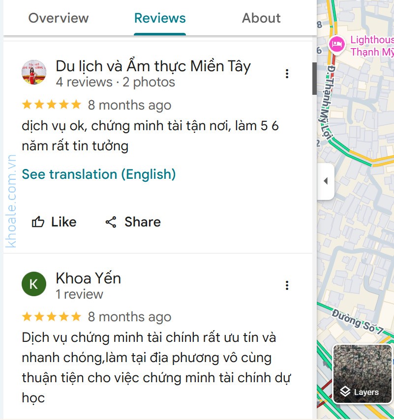 Khách hàng nói về Dịch vụ chứng minh tài chính Khoa Lê (GOOGLE MAP CMTC)